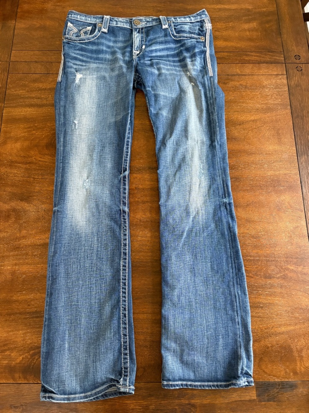 Big Star LIV Women Bootcut Jeans Low Rise Blue Distressed Denim 33XL (34Wx33L)